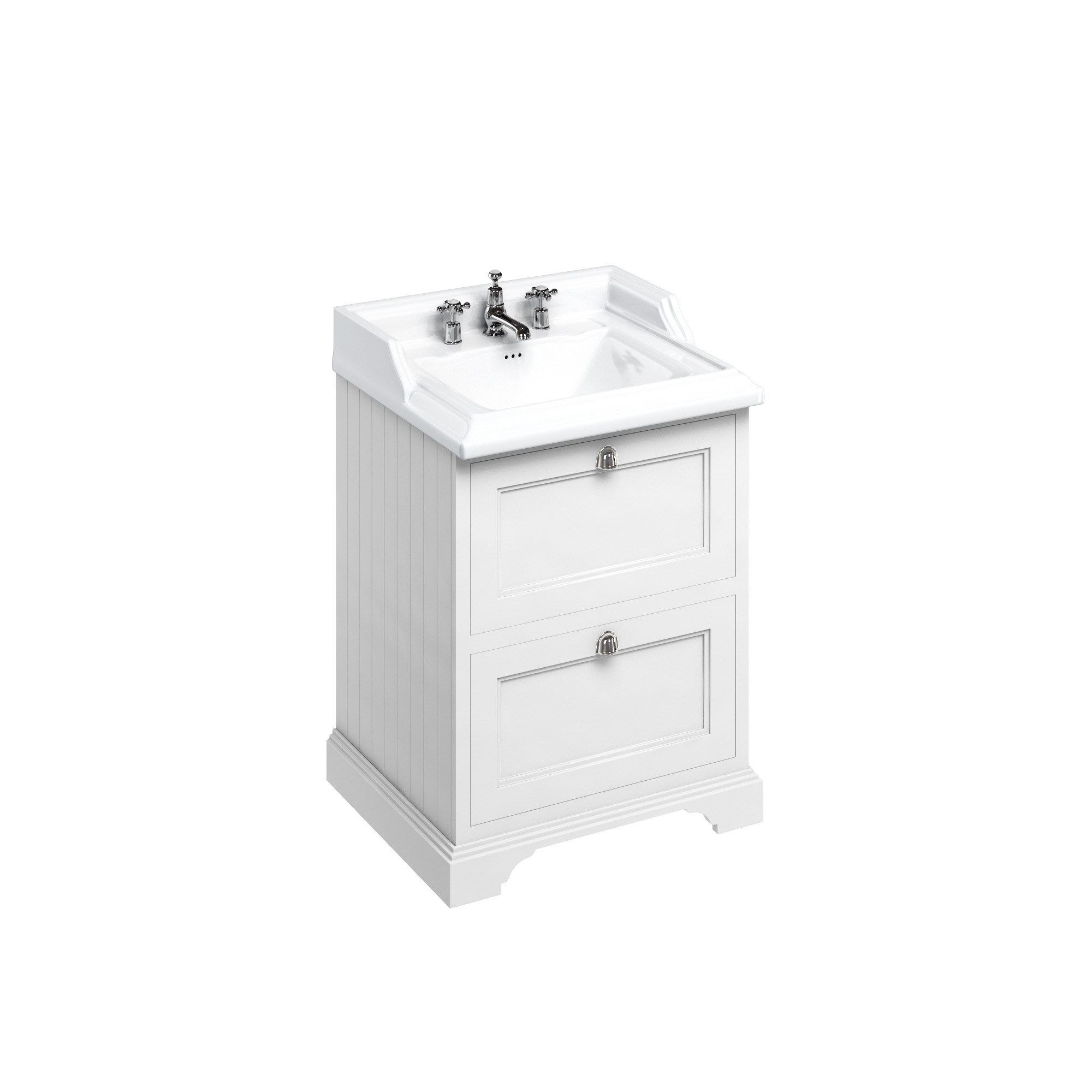 Freestanding 65 Vanity Unit with 2 drawers - Matt White and Classic basin 3 tap holes